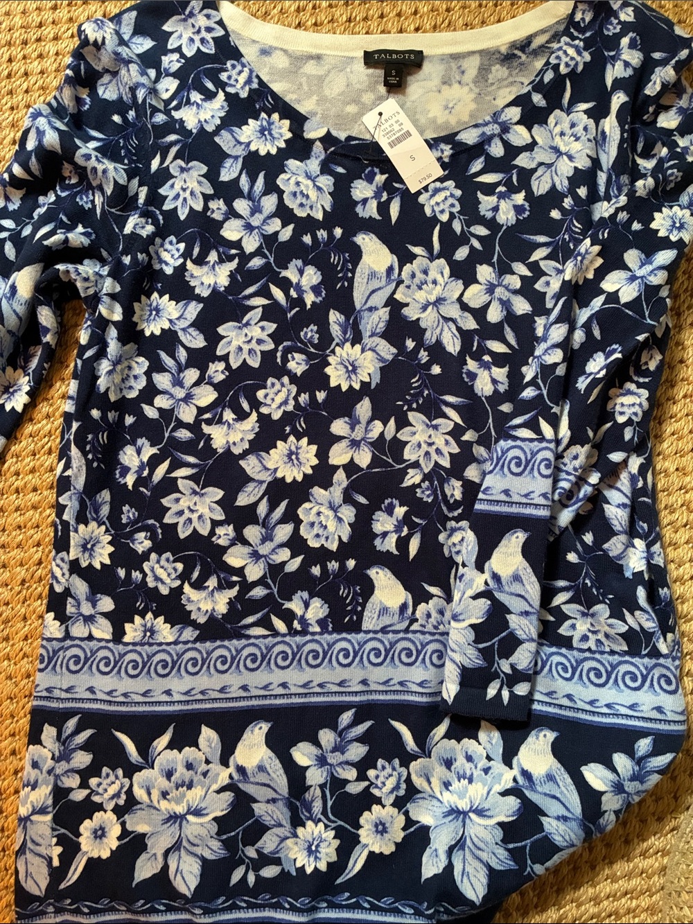 Talbots Navy & White Floral Bird 3/4 length sleeve light weight sweater